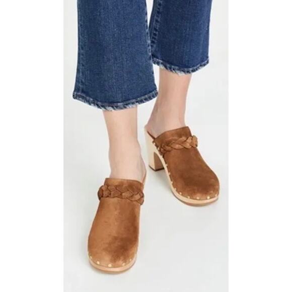 Loeffler Randall Merrill Braided Tan Suede High Heel Wood Clogs 8 M - Picture 1 of 7